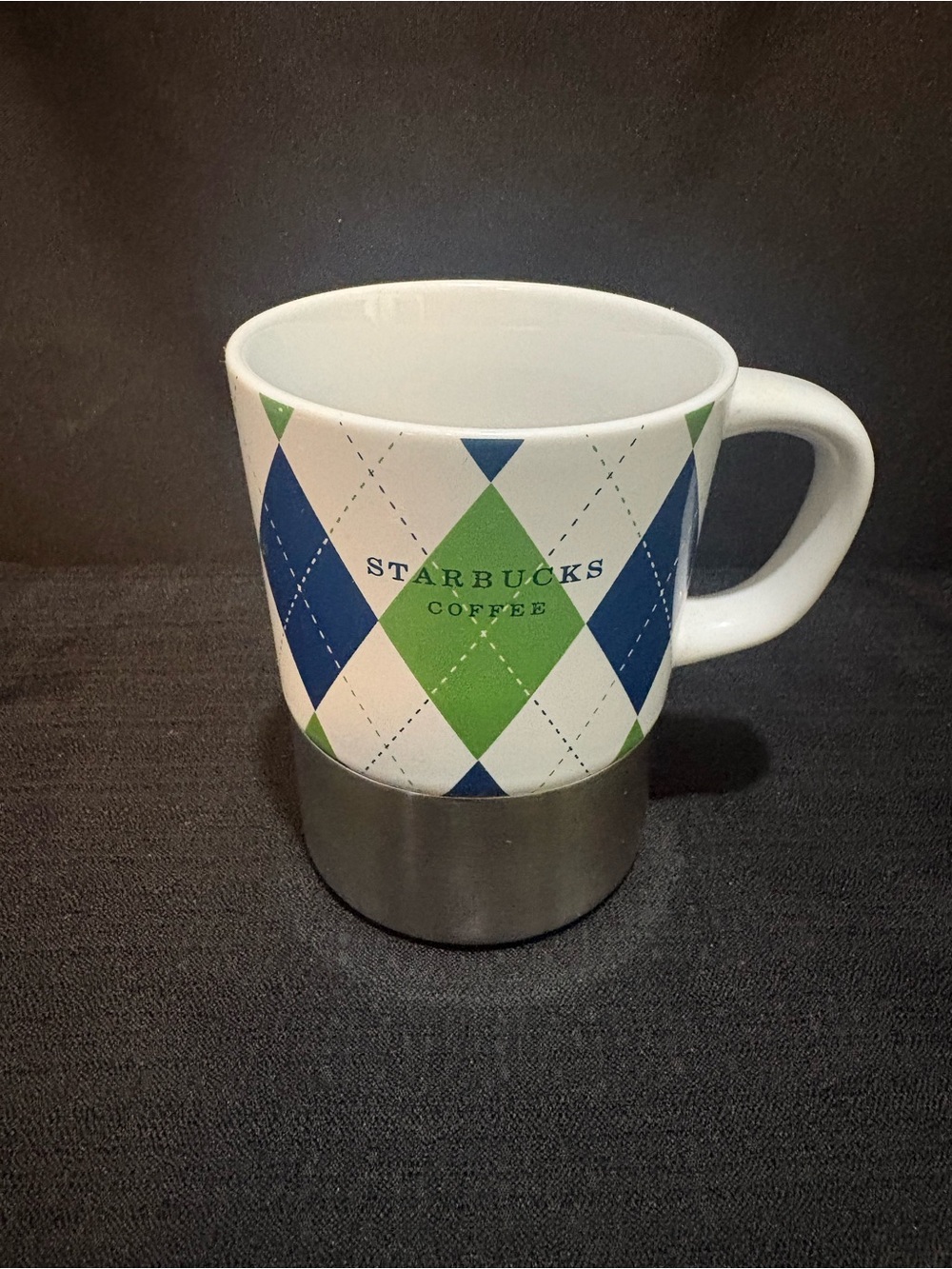 Starbucks 2006 Argyle Mugs Stainless Steel & Blue and Green 14oz